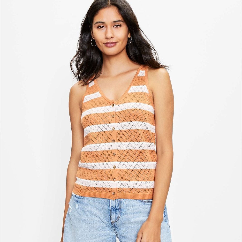 NWT Loft Orange Brown White Lattice Striped Button Down V-Neck Tank Sweater Med